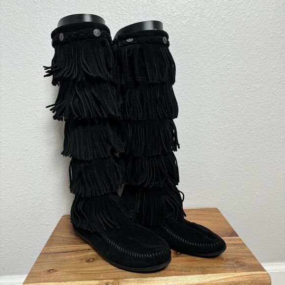 VTG MINNETONKA Suede Black Leather Fringe Mid Calf Moccasin Boots Sz 7 Festival - Picture 1 of 7